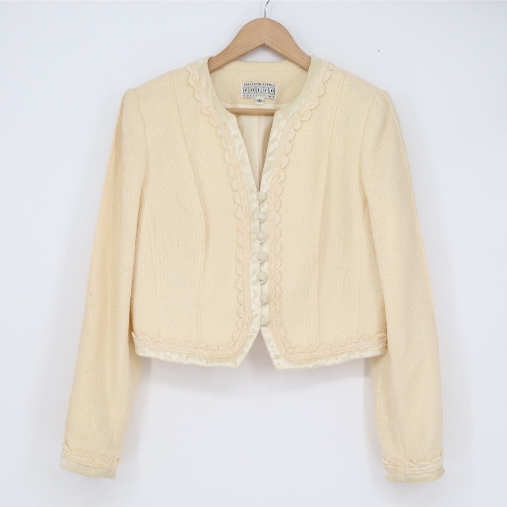 Saks Fifth Avenue Folio Collection Cream Wool Cropped Blazer Jacket Vintage